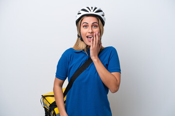 Young caucasian woman with thermal backpack isolated on white background with surprise and shocked facial expression