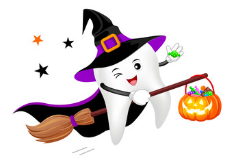 Cute cartoon tooth character design of Witch. Happy Halloween concept. Illustration for your poster, banner, greeting card and party invitation.
