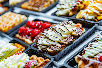 Belgian waffles with fruits put up for sale in shop in Brussels