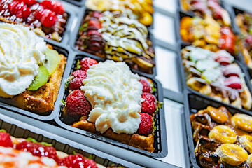 Belgian waffles with fruits put up for sale in shop in Brussels