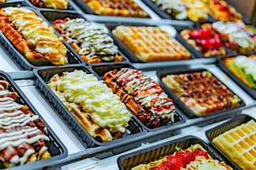 Deurstickers Belgian waffles with fruits put up for sale in shop in Brussels © monticellllo