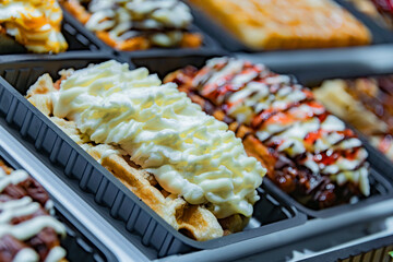 Belgian waffles with fruits put up for sale in shop in Brussels