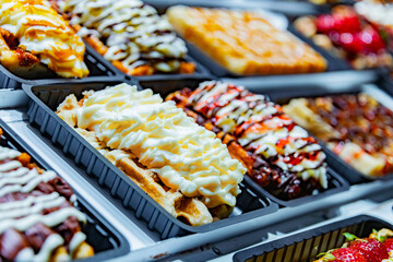 Belgian waffles with fruits put up for sale in shop in Brussels