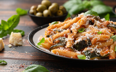 Zucchini penne pasta with parmesan cheese, basil and tomato. Healthy food