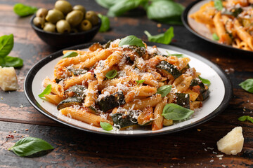 Zucchini penne pasta with parmesan cheese, basil and tomato. Healthy food