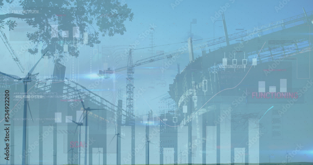 Poster image of financial data processing and wind turbines over building site