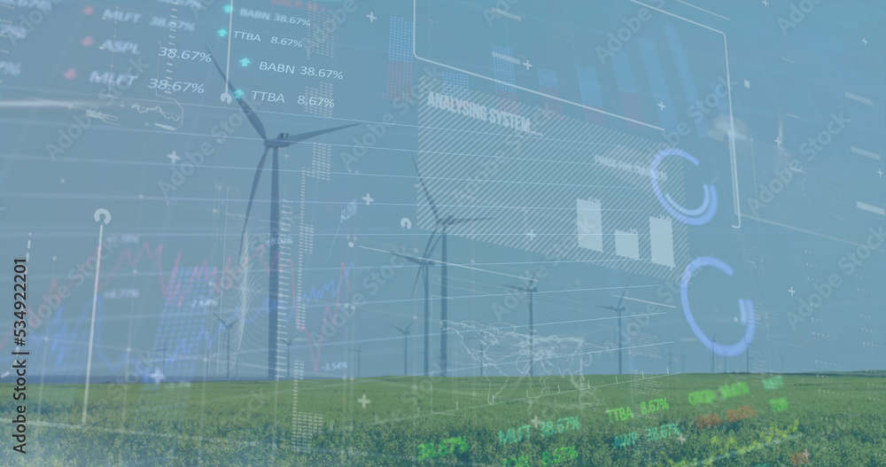 Poster image of financial data processing over wind turbines