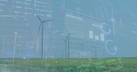 Image of financial data processing over wind turbines