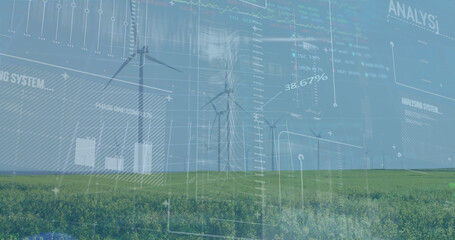 Image of financial data processing over wind turbines