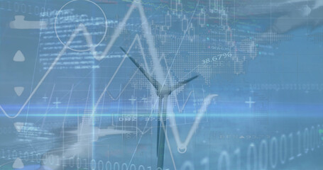 Image of financial data processing over wind turbine