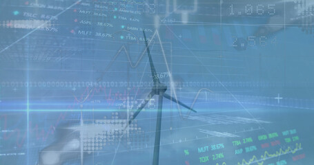 Image of financial data processing over wind turbine