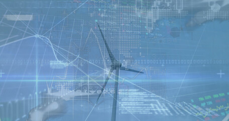 Image of financial data processing over wind turbine