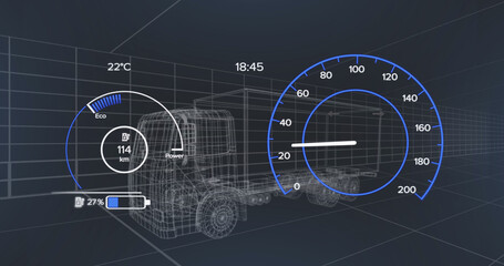 Image of 3d car model and speedometer over dark background