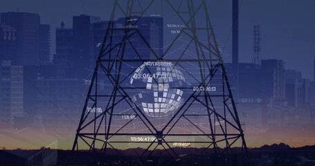 Image of digits around globe with electricity pylon against buildings in city