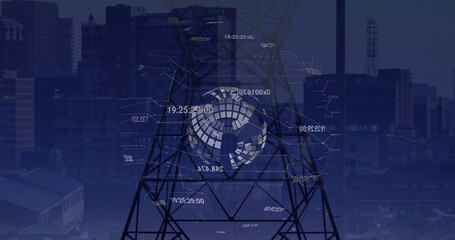 Image of digits around globe with electricity pylon against buildings in city