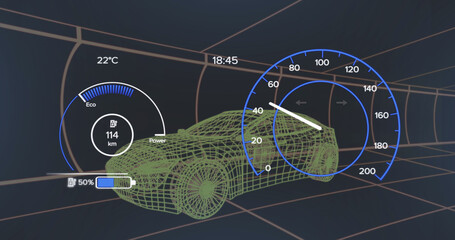 Obraz premium Image of 3d car model and speedometer over dark background