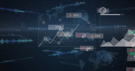 Image of icons with growing numbers over data processing and light trails