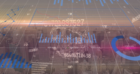 Image of financial data processing and network of connections over cityscape