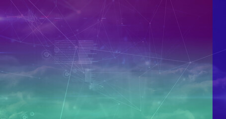 Digital image of network of connections and data processing against blue background