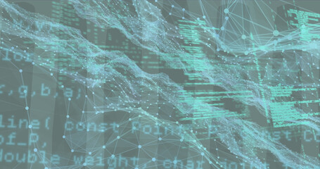 Images of network of connections and data processing on grey background