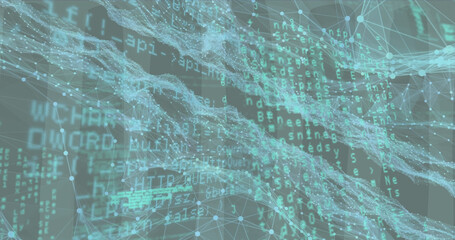 Images of network of connections and data processing on grey background