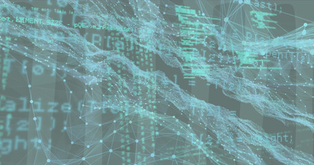 Images of network of connections and data processing on grey background