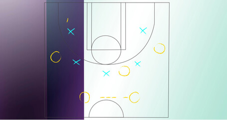 Image of game plan over purple and blue stripes