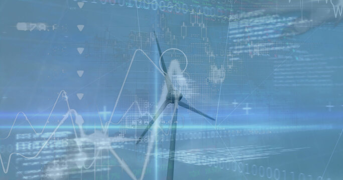 Image of financial data processing over wind turbine