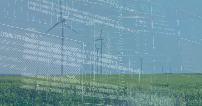 Image of financial data processing over wind turbines