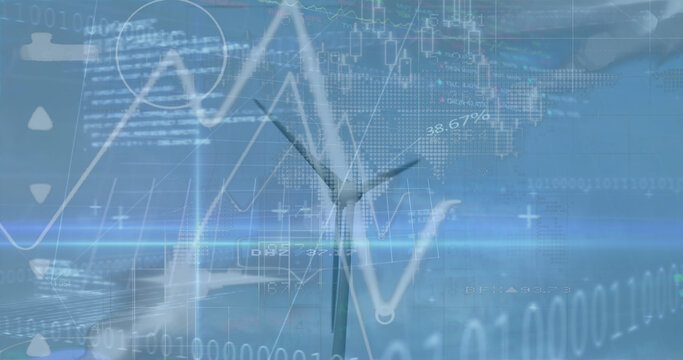 Image of financial data processing over wind turbine