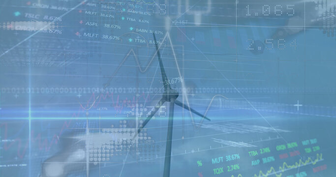 Image of financial data processing over wind turbine