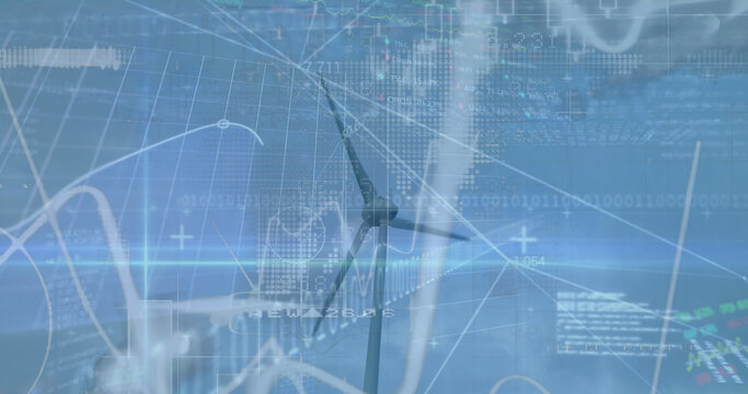 Image of financial data processing over wind turbine