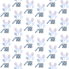 Vector seamless pattern with gift boxes with stars with blue balloons on a white background. Ideal for
prints, wrapping paper, wallpapers, scrapbooking, textiles, children's fashion, etc.