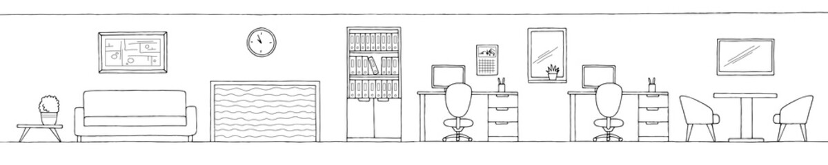 Office graphic black white interior sketch long illustration vector  - 534922825
