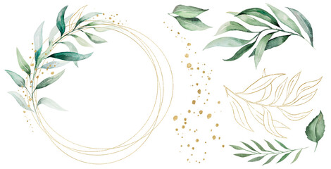 Geometric golden frame made of green watercolor leaves, wedding illustration elements © katrinshine