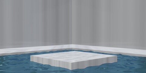 3D render of marble podium in the pool with marble wall background