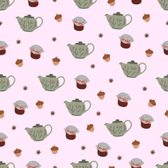 Seamless pattern with tea pot, jam and acorn on pink background.  Collection of autumn elements. Hand drawn vector illustration. Background for fabric, textile, wallpaper, posters, gift wrapping paper