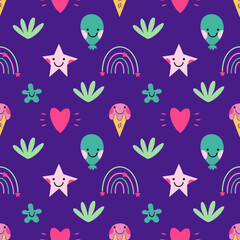 Seamless psychedelic background. Vaporwave 2000 Flower pattern. Wallpaper in style 90s. Printing on fabric and wrapping paper.