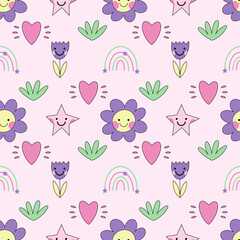 Seamless psychedelic background. Vaporwave 2000 Flower pattern. Wallpaper in style 90s. Printing on fabric and wrapping paper. Doodle set.