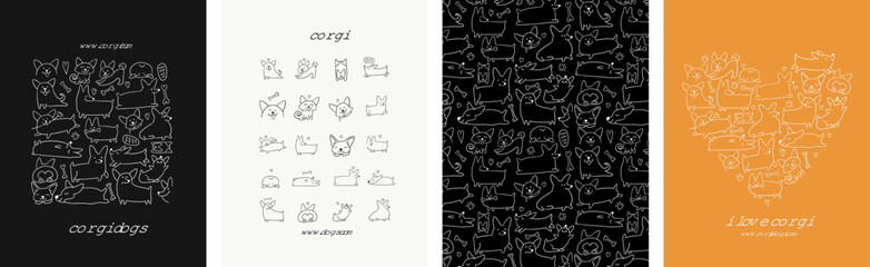 Corgi dogs collection. Frame, pattern, icons, heart shape. Set of hand drawn concept art for your design project - cards, banners, poster, web, print, social media, promotional materials. Vector
