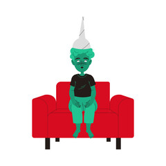 Zombified Little Boy in Tin Foil Hat Sitting on Red Armchair as Manipulation and Hypnosis Vector Illustration