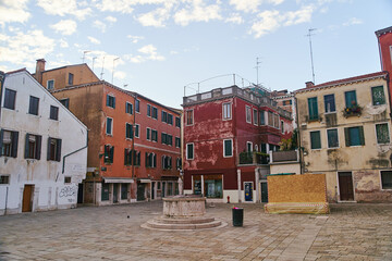Venice, Italy - 10.12.2021: The facade of the old colored houses of Venice, Italy