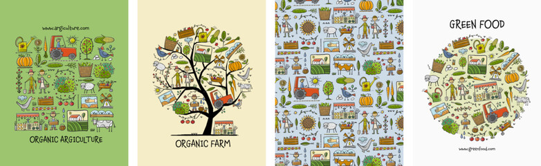 Organic Farm Background For your Design. Harvest Festival. Agriculture collection. Organic farming eco concept. Fresh products, locally grown and organic food. Farmer's Market. Set of 4 concept art