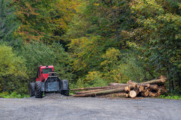 Obraz premium A forest tractor near a pile of logs at the edge of the forest