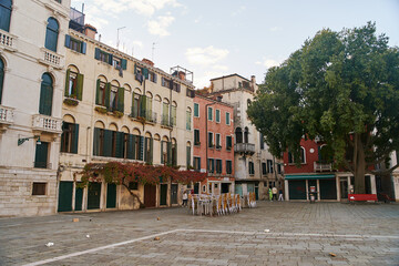 Fototapeta na wymiar Venice, Italy - 10.12.2021: Empty Campo San Polo. City Square in Venice, Italy