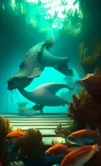 Underwater World. Drawing the depths of the ocean. Sea creatures. Fishes.
