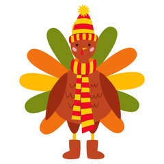 Turkey Thanksgiving. Bird animal character in a striped hat with a pompom, a scarf and ugg boots