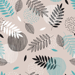 Vector autumn pattern with leaves, stripes and dots. Scandinavian style. Linear boho sketch