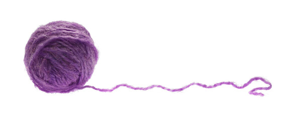 A ball of purple woolen threads, isolated on a white background. Side view.