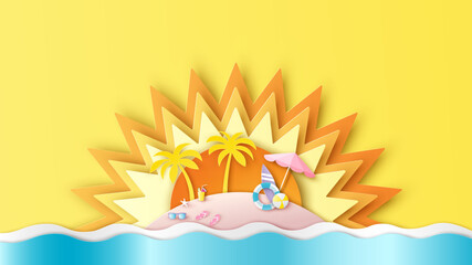 Scenery of the island in sea with beach equipment and sunshine background. Sea landscape. Summer time. Paper cut and craft style. vector, illustration.